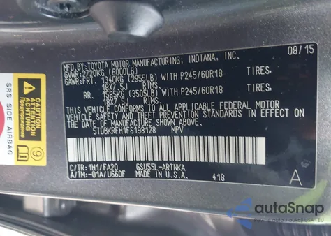 2015 Toyota Highlander Le Plus V6 из США, поврежденный, VIN 5TDBKRFH1FS198128